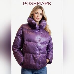 Banana Republic Purple Down Puffer Jacket Women’s Quilted High Collar Coat L